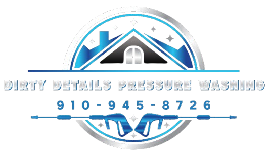 Logo for Dirty Details Pressure Washing featuring a house graphic, pressure washer icon, and phone number.