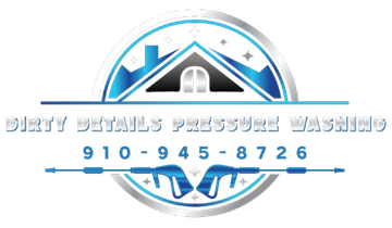 Logo for Dirty Details Pressure Washing featuring a house graphic, pressure washer icon, and phone number.