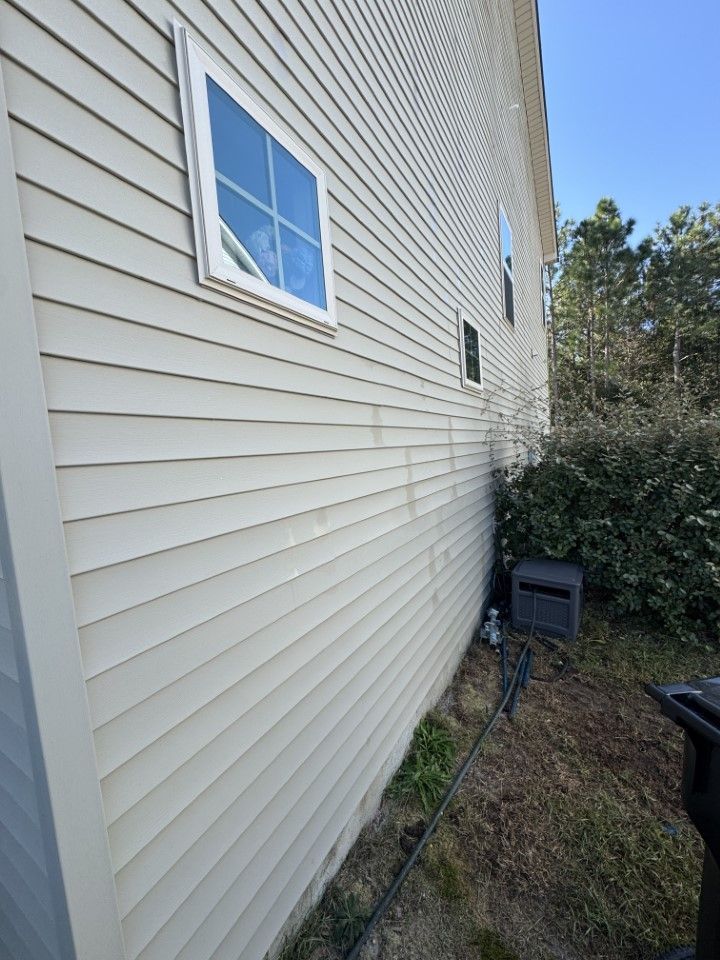 Beige siding on a house with two windows and a small bush underneath.