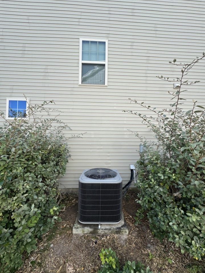 AC unit outside a building, flanked by bushes, with two windows above.