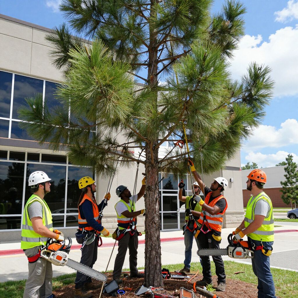 Arborist team trimming a tree with chainsaws, wearing helmets and safety vests, outdoors in front of a building.