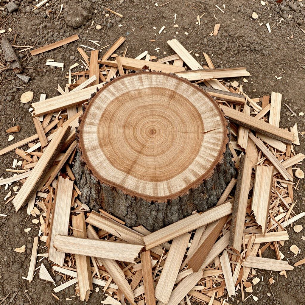 Tree stump with visible rings, surrounded by wood shavings and small planks on soil.