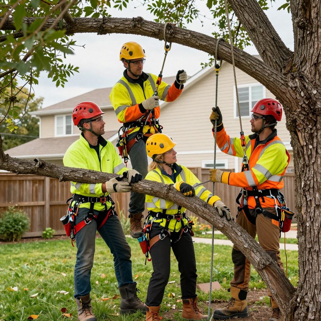 Four arborists in safety gear trim a tree in a residential yard.