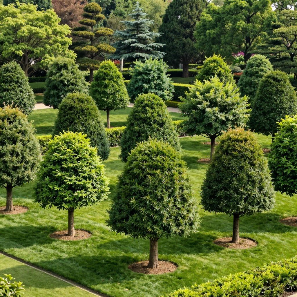 Lush green garden with neatly trimmed, cone-shaped trees and manicured grass.
