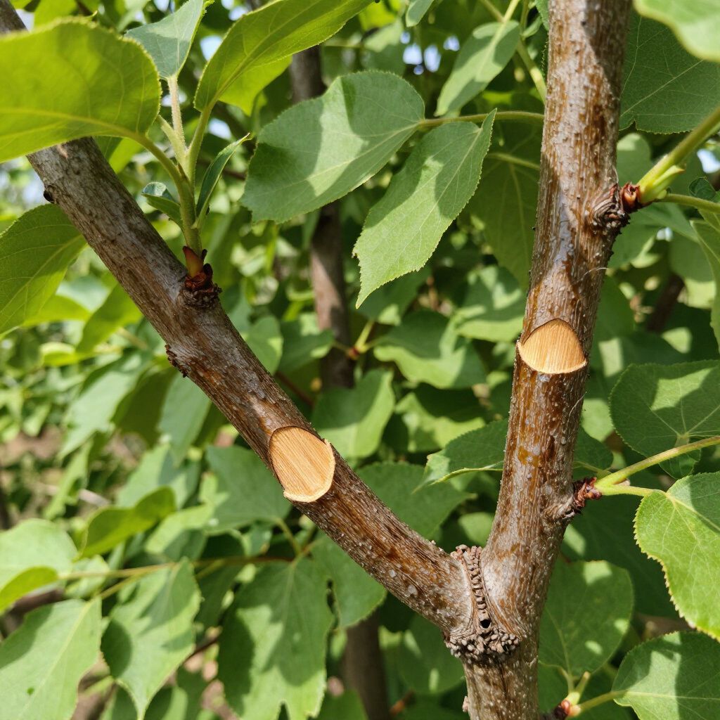 Brown tree branches with cut stubs, surrounded by green leaves.