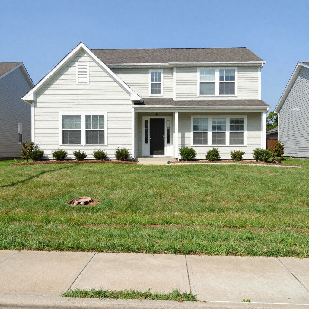 Two-story gray house with green lawn, sidewalk in front, and shrubs.