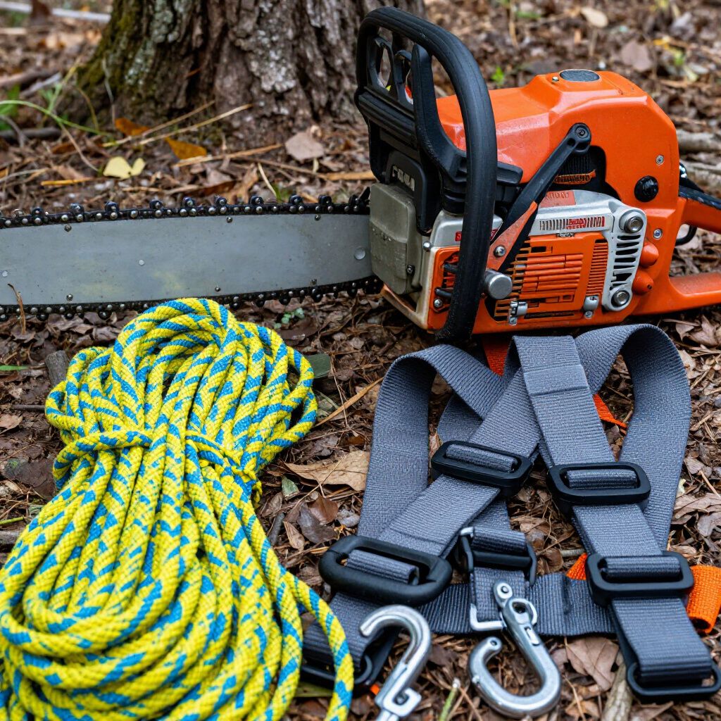 Chainsaw, rope, and safety harness on the ground next to a tree, ready for use.