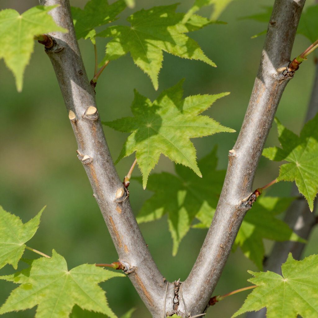 Green maple leaves on a V-shaped gray branch with small cut twigs.