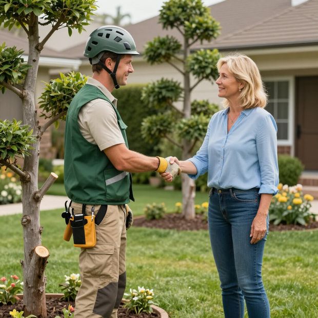 A landscaper in green vest and helmet shaking hands with a woman in a blue shirt in front of a house.