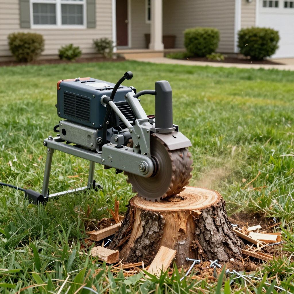 A stump grinder in use, removing a tree stump from a grassy yard in front of a house.