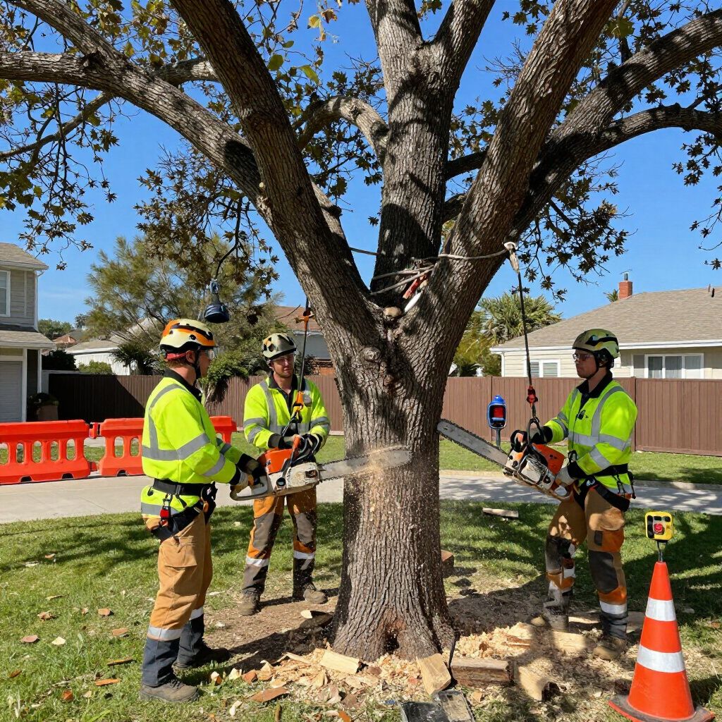 Three tree service workers in safety gear using chainsaws to cut a tree on a sunny street.