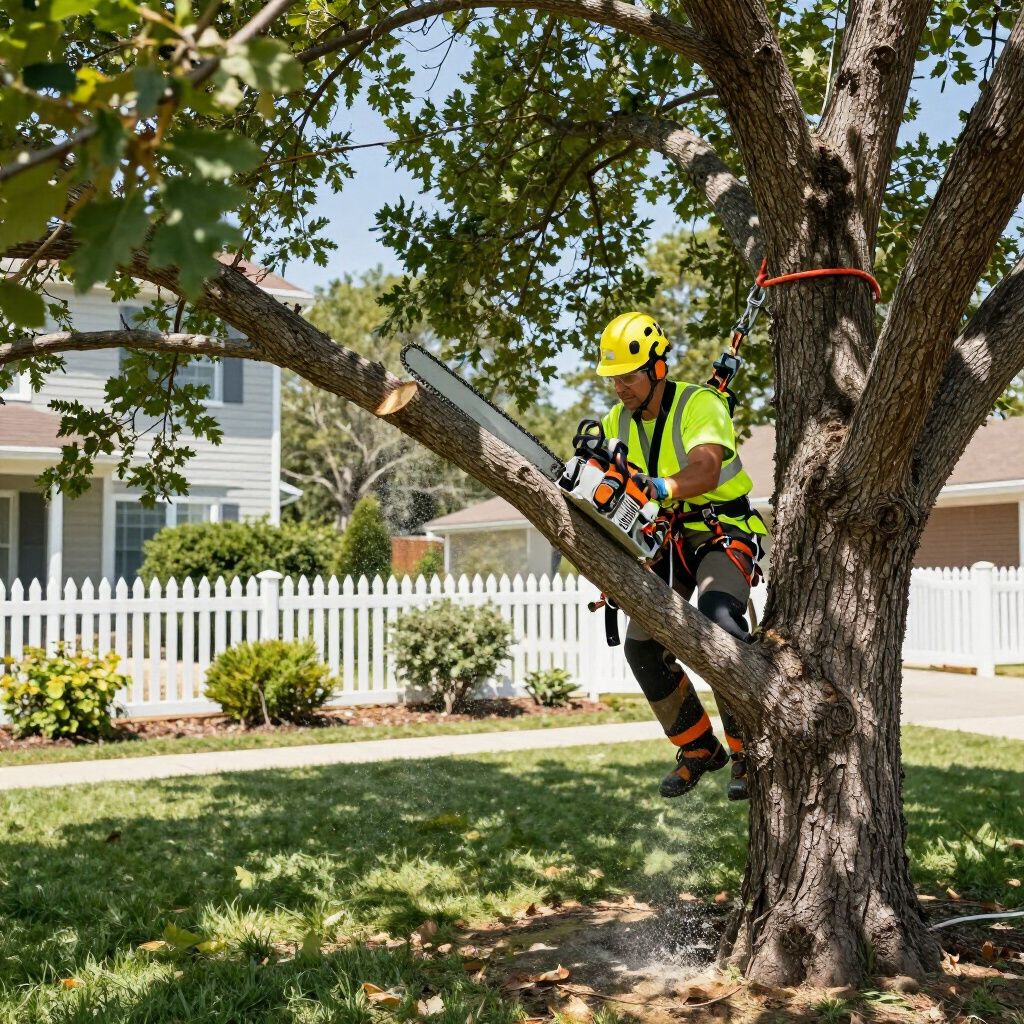 Arborist using a chainsaw to trim a tree branch in a yard, wearing safety gear.