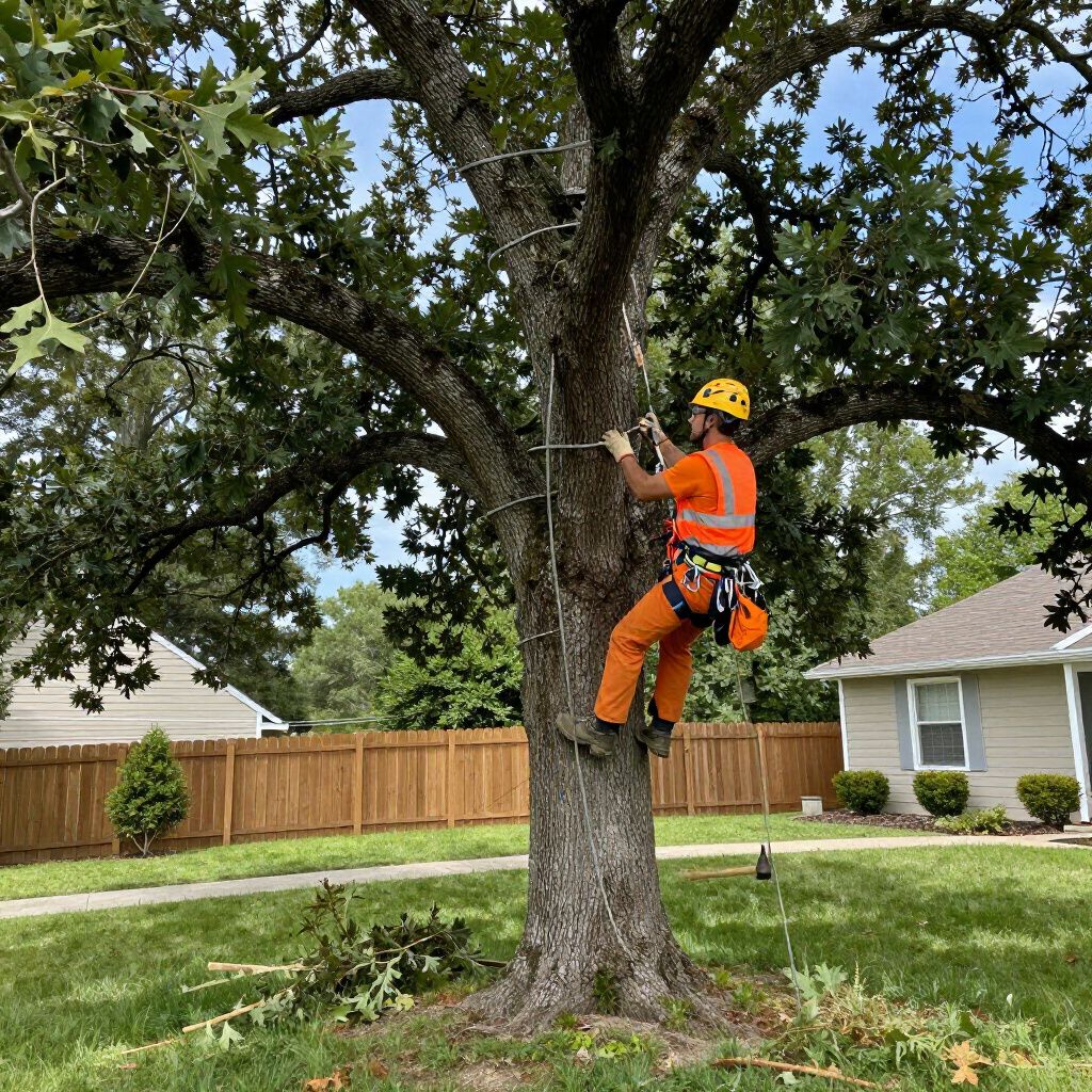 Arborist in orange overalls and helmet climbing a tree with safety harness. Residential setting.