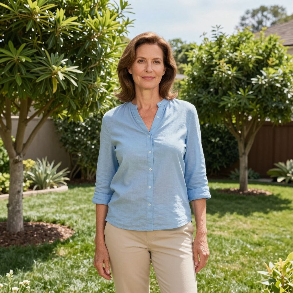 Woman in blue shirt and tan pants standing in a sunny backyard.
