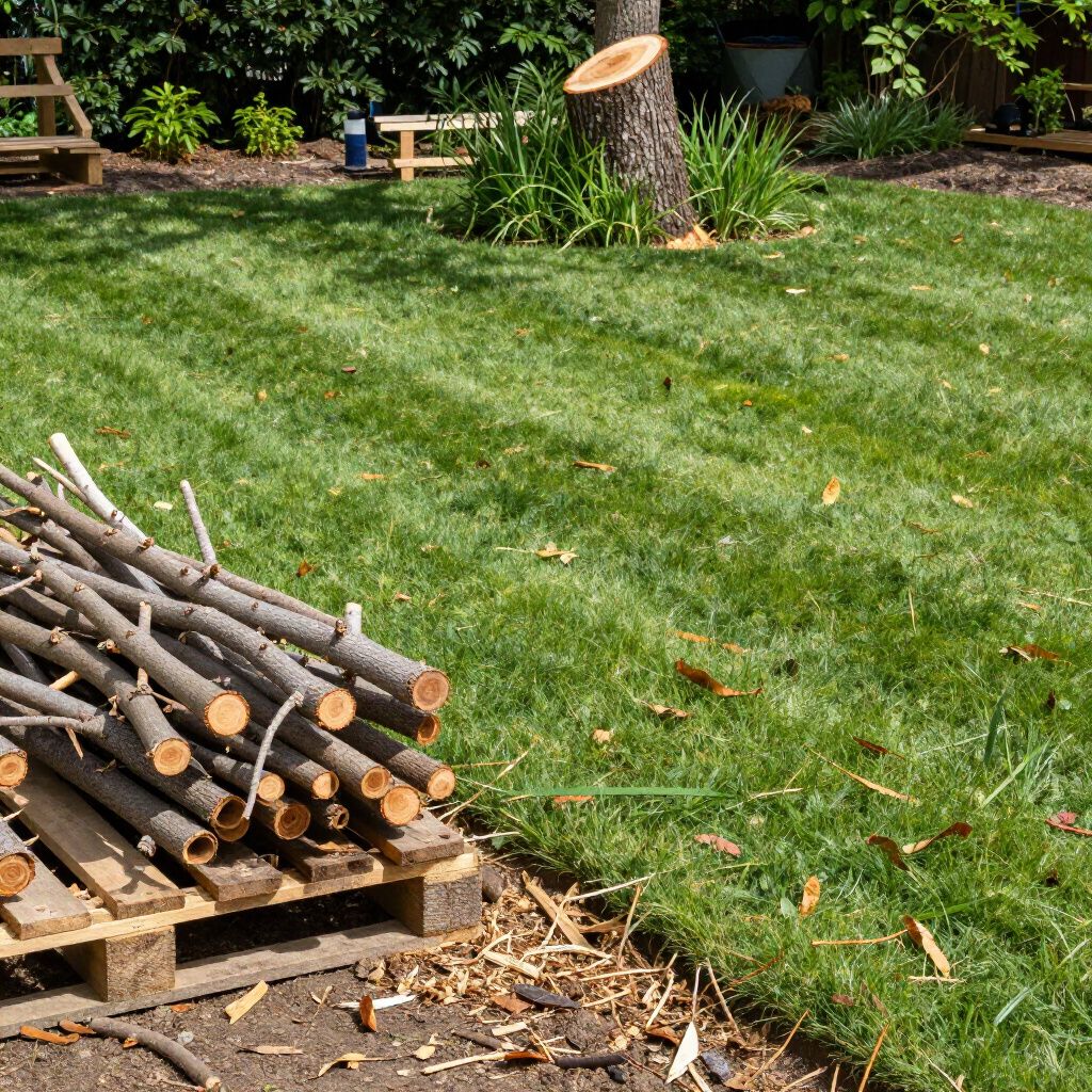 Pile of cut branches on a pallet in a grassy backyard with a tree stump.