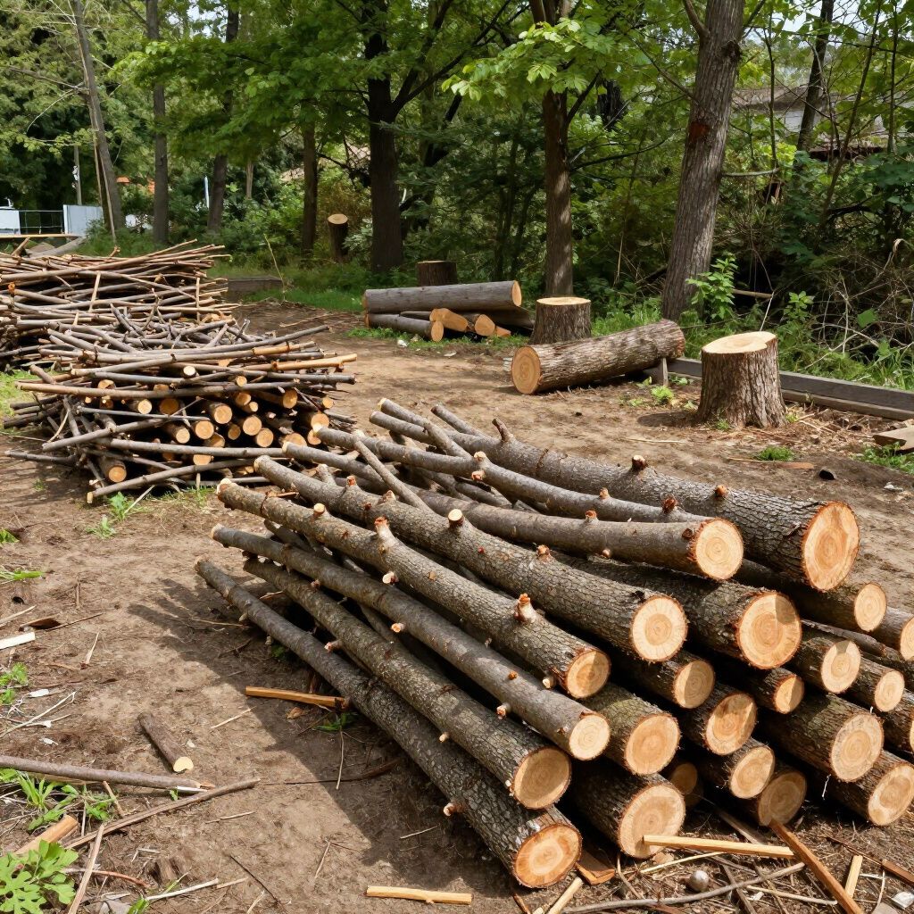 Logs and branches stacked on the ground, likely for firewood, with cut tree stumps visible in a wooded area.