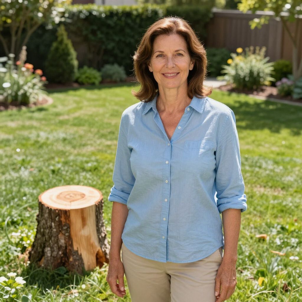 Woman standing in a sunny backyard, wearing a blue shirt and khaki pants, next to a tree stump.