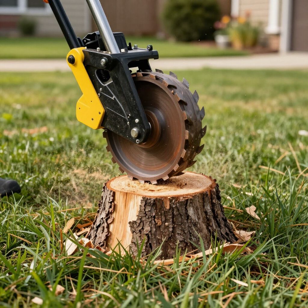 Saw blade grinding down a tree stump on a grassy lawn.