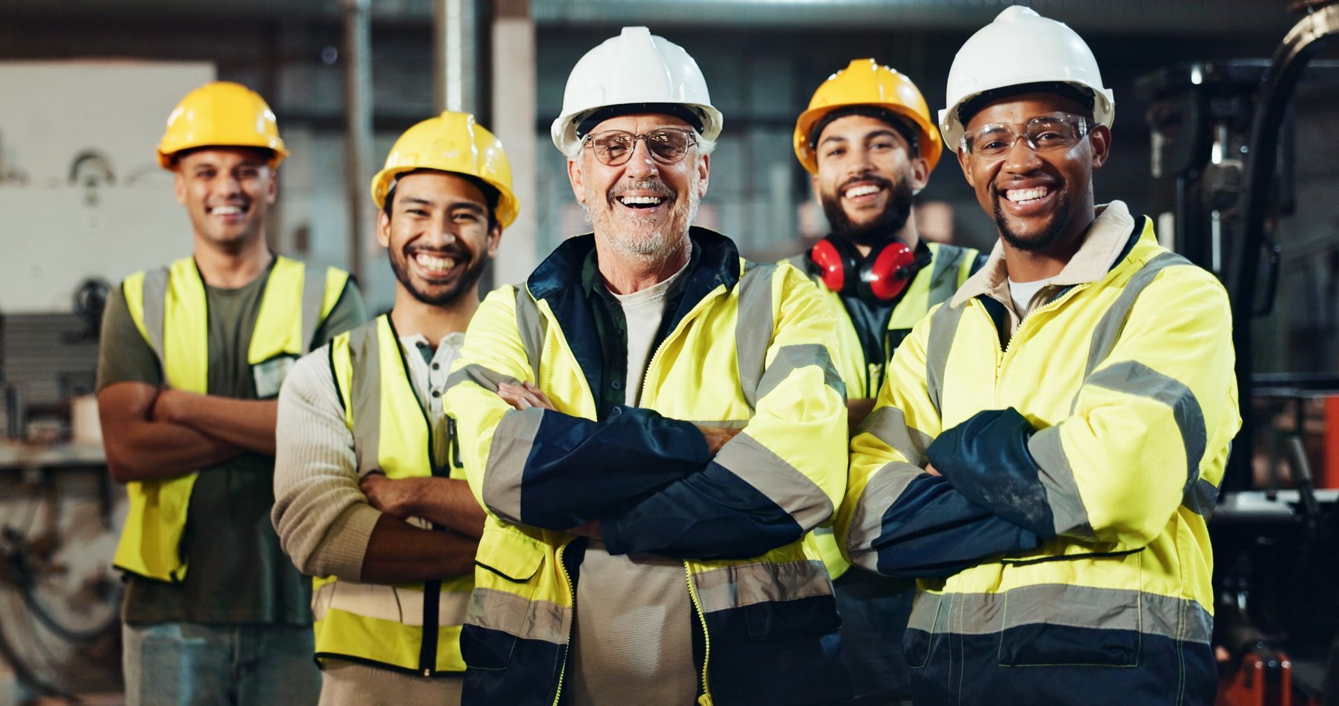 Five construction workers in hard hats and safety vests standing with arms crossed, smiling confidently