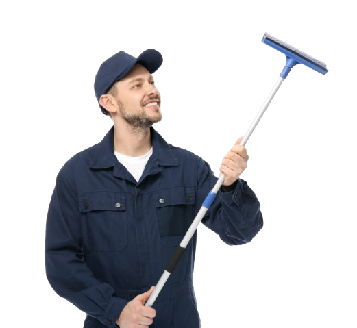 A man in a blue uniform is holding a squeegee on a long pole.