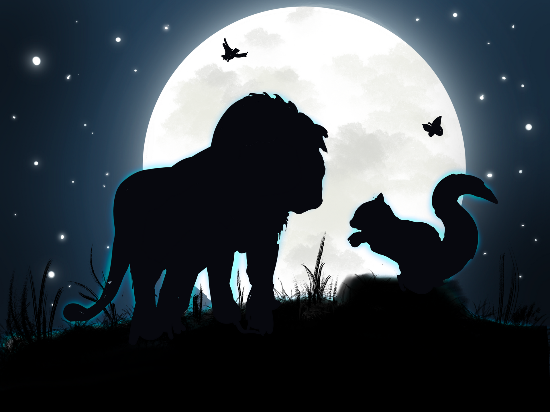 A lion and a squirrel are standing in front of a full moon