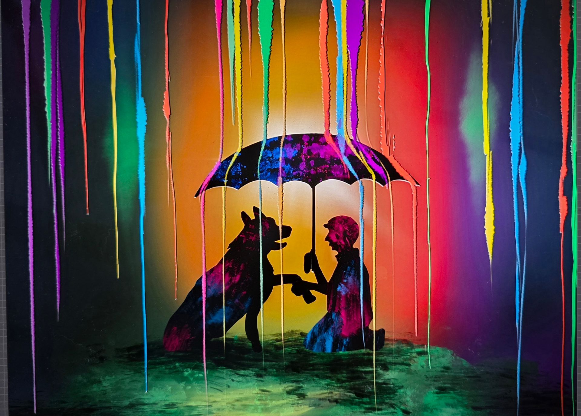 Re-creation of unknown artist's original work: human holding up an umbrella for his dog