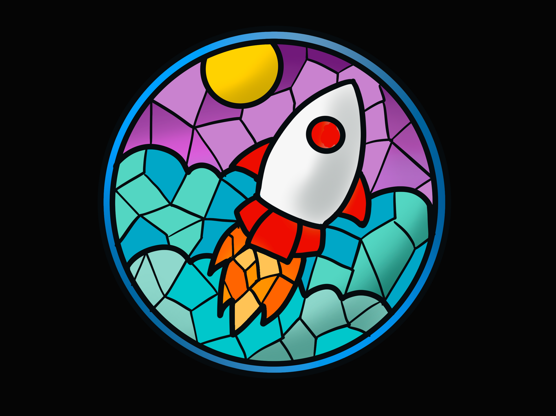Original work of a stained glass window with a rocket in the middle