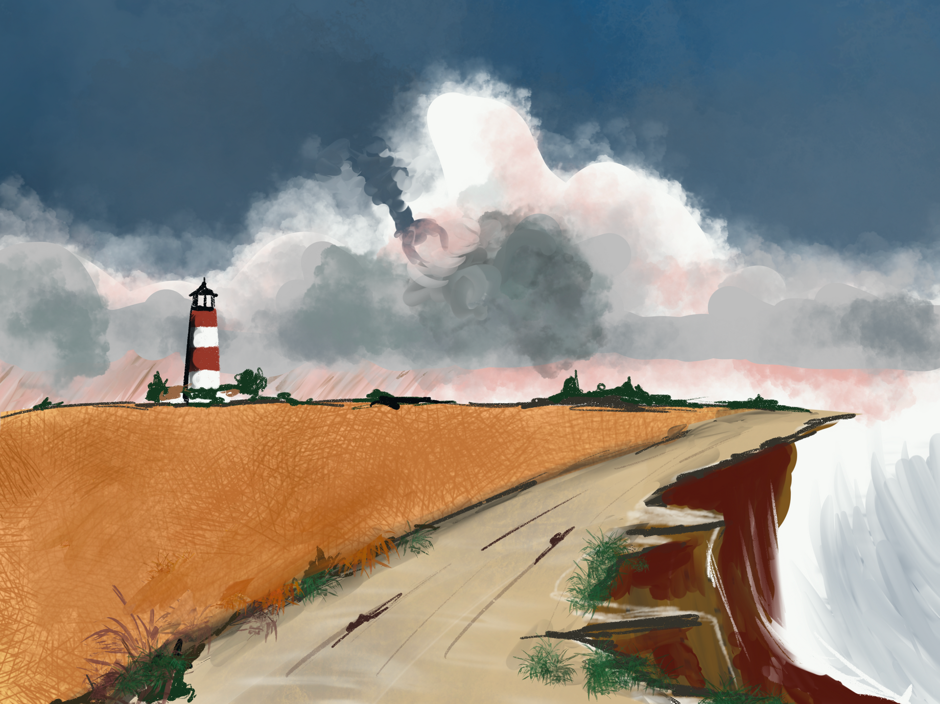 A painting of a lighthouse on top of a cliff