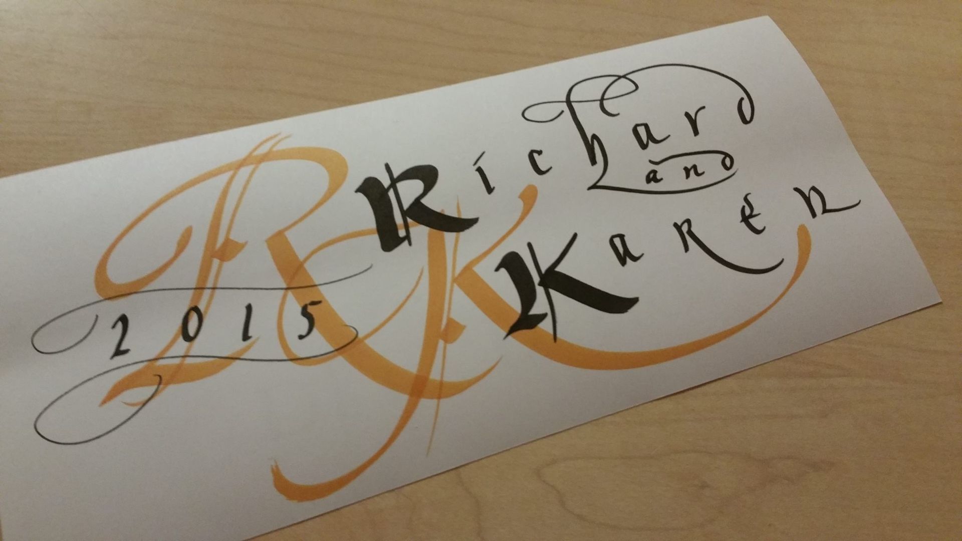 A piece of paper that says richard and karen on it