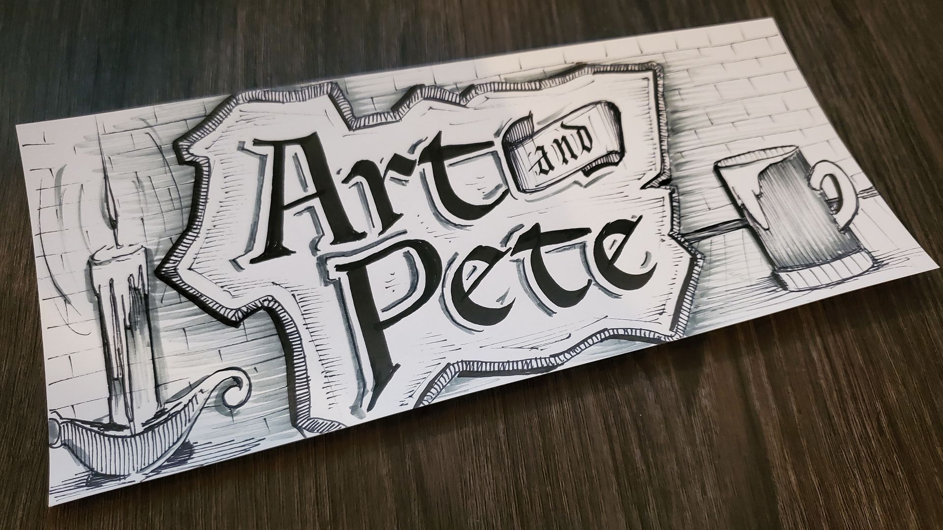 A drawing of a sign that says art and pete