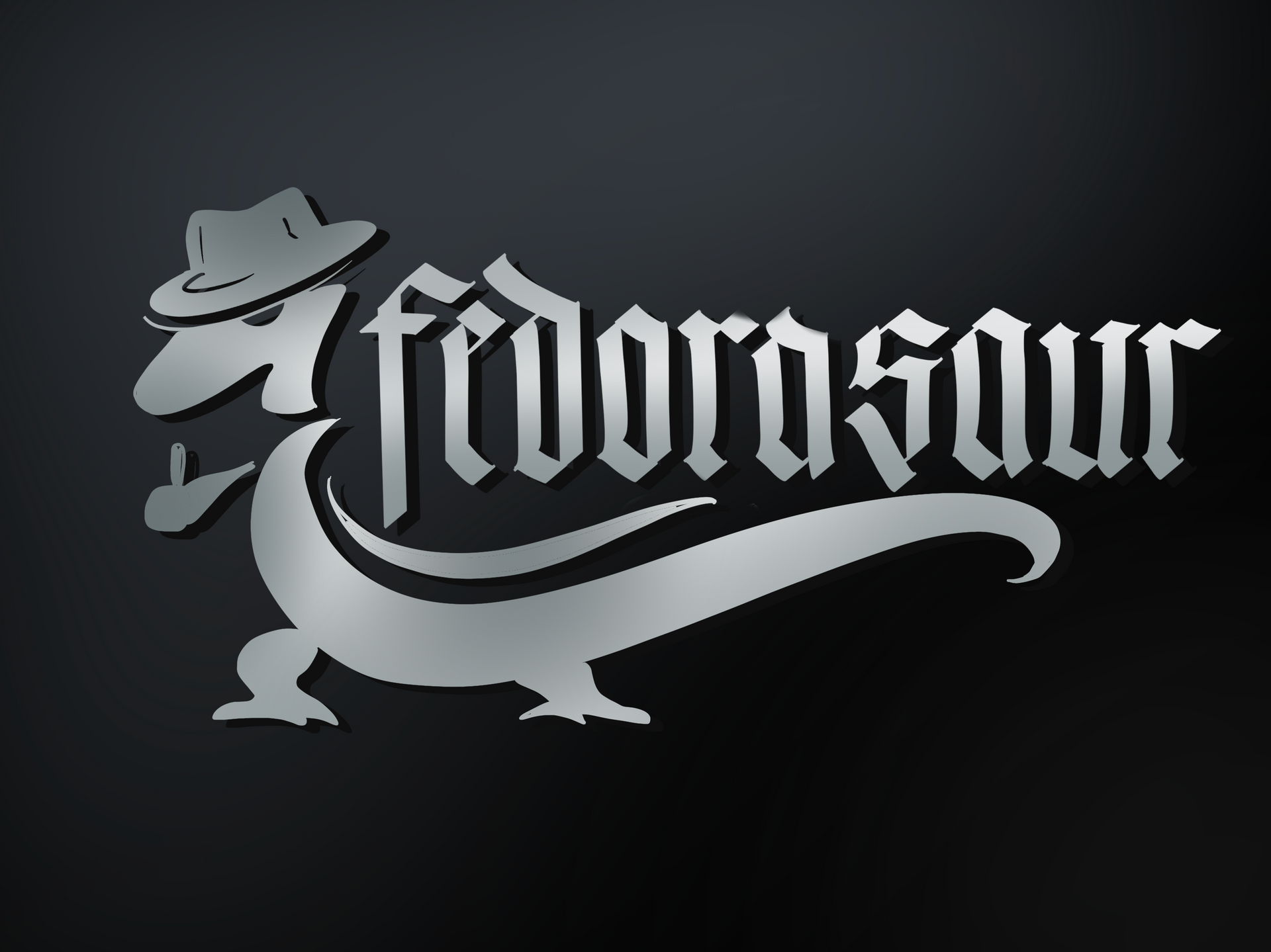 A logo for fedorasaur with a lizard wearing a hat