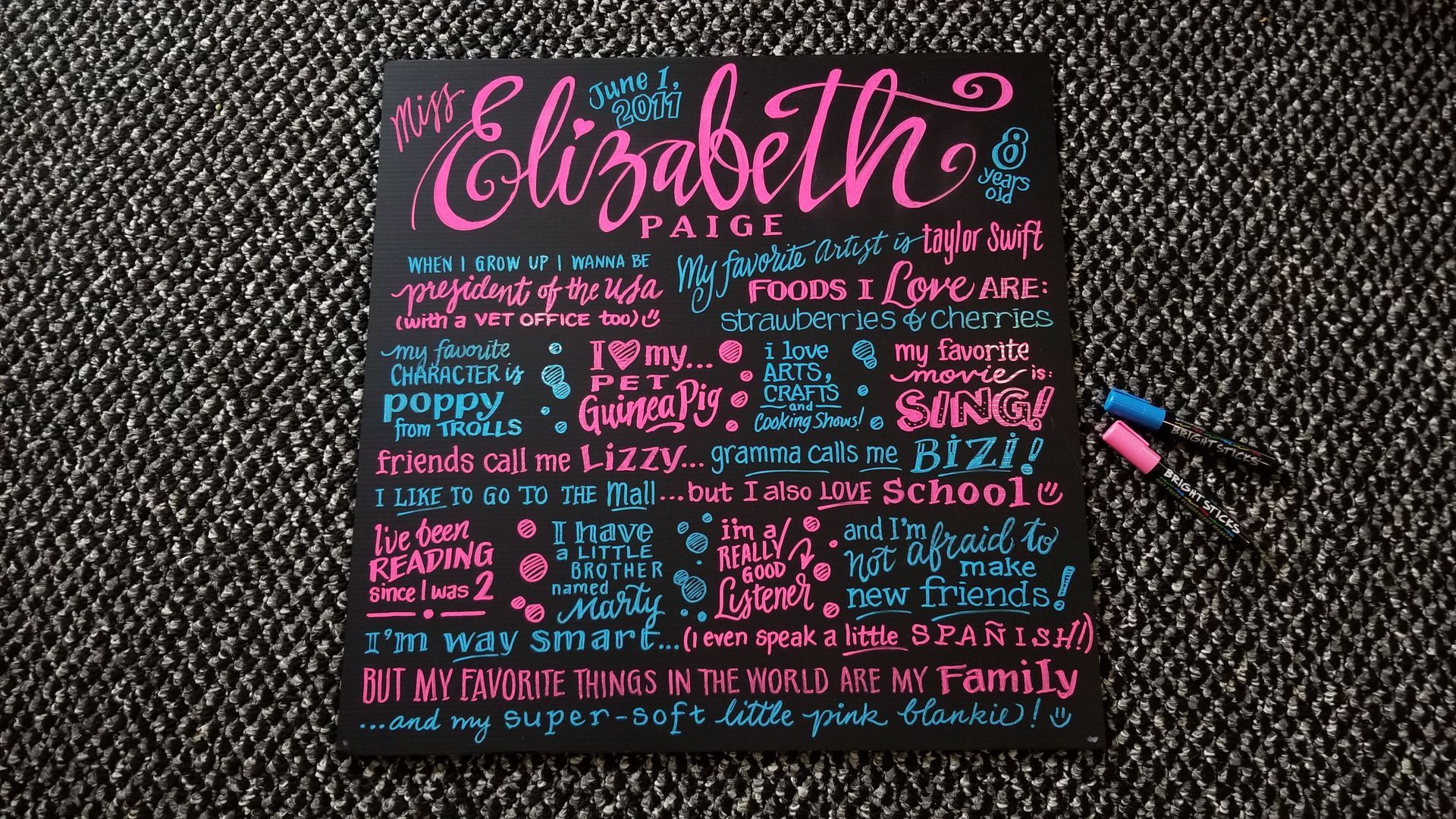A chalkboard with the name elizabeth on it