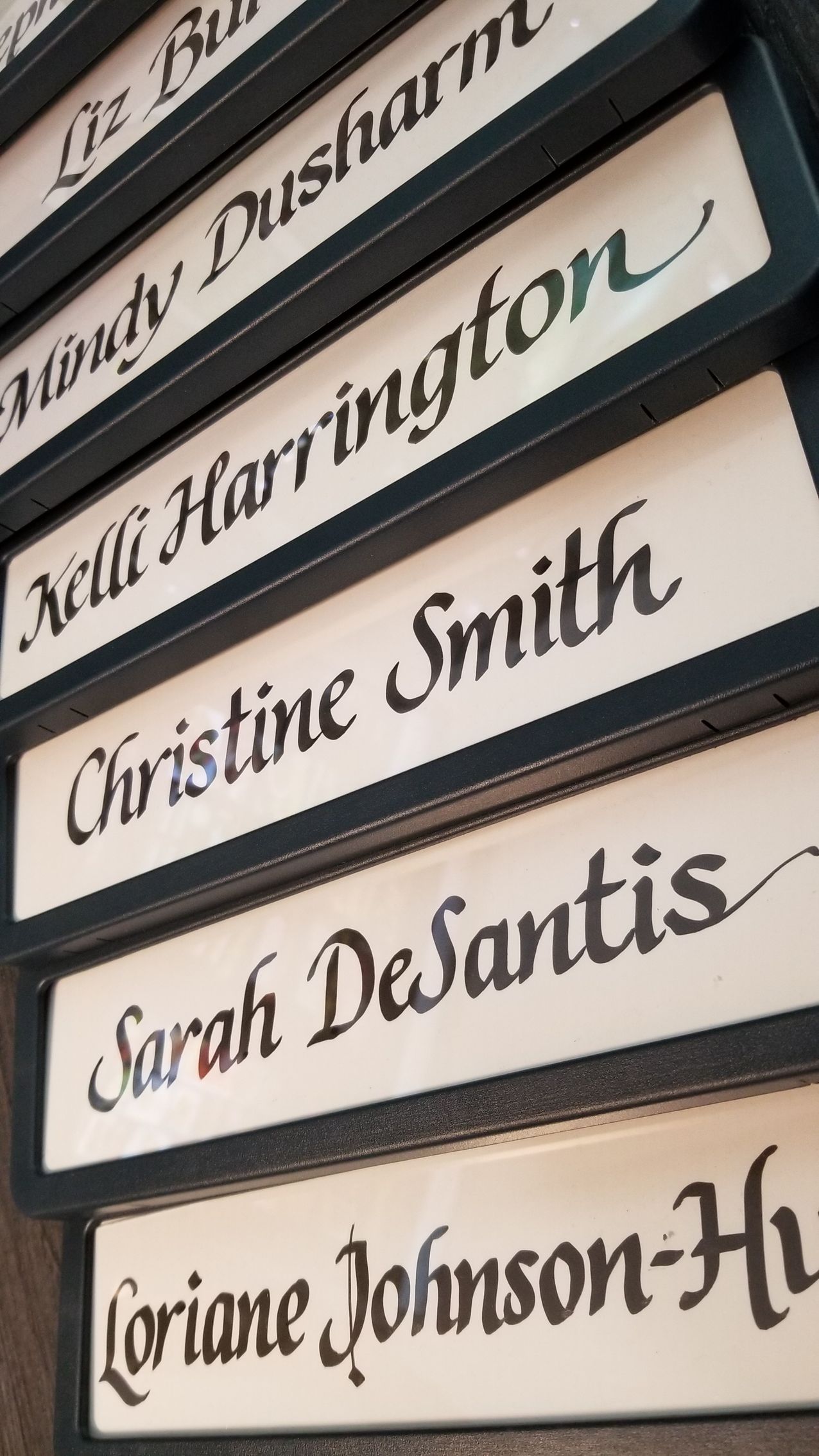 A row of signs with names like kelli harrington christine smith and sarah de santis