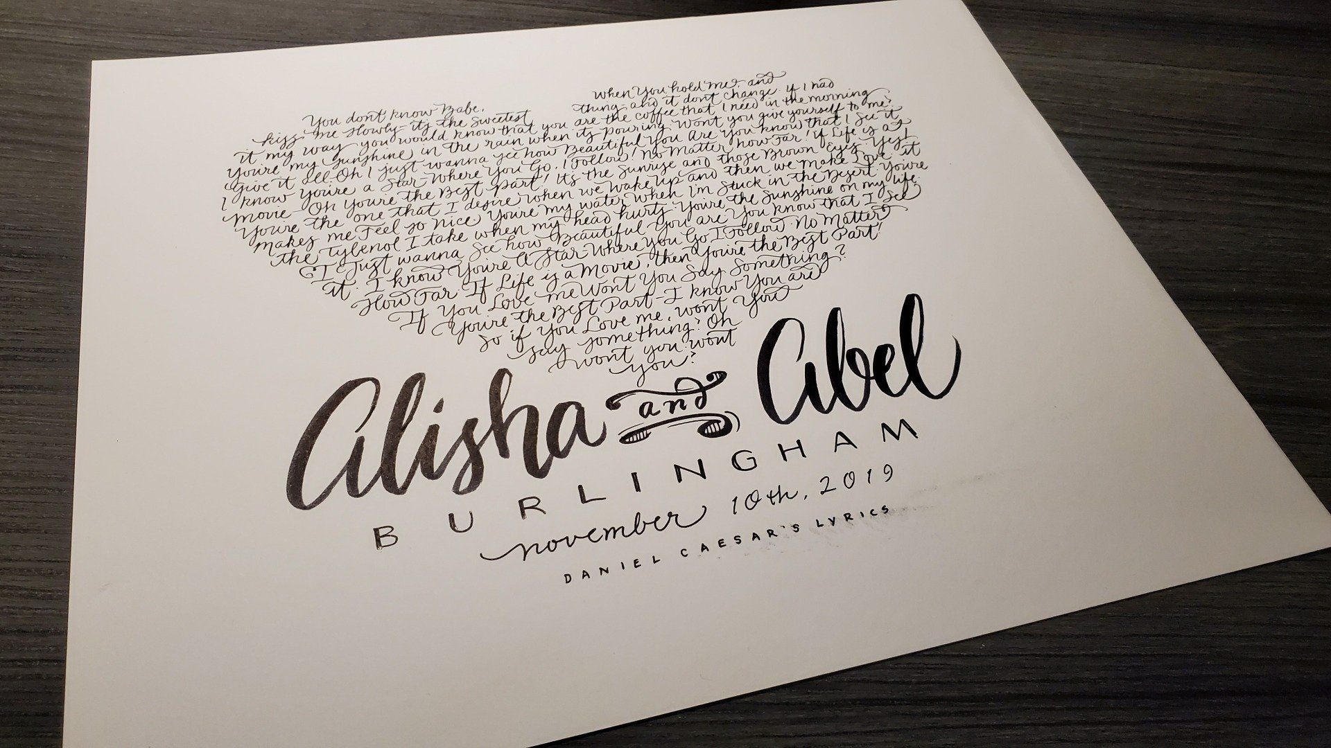 Custom made wedding gift with the couple's favorite song lyrics stylized in the shape of a heart