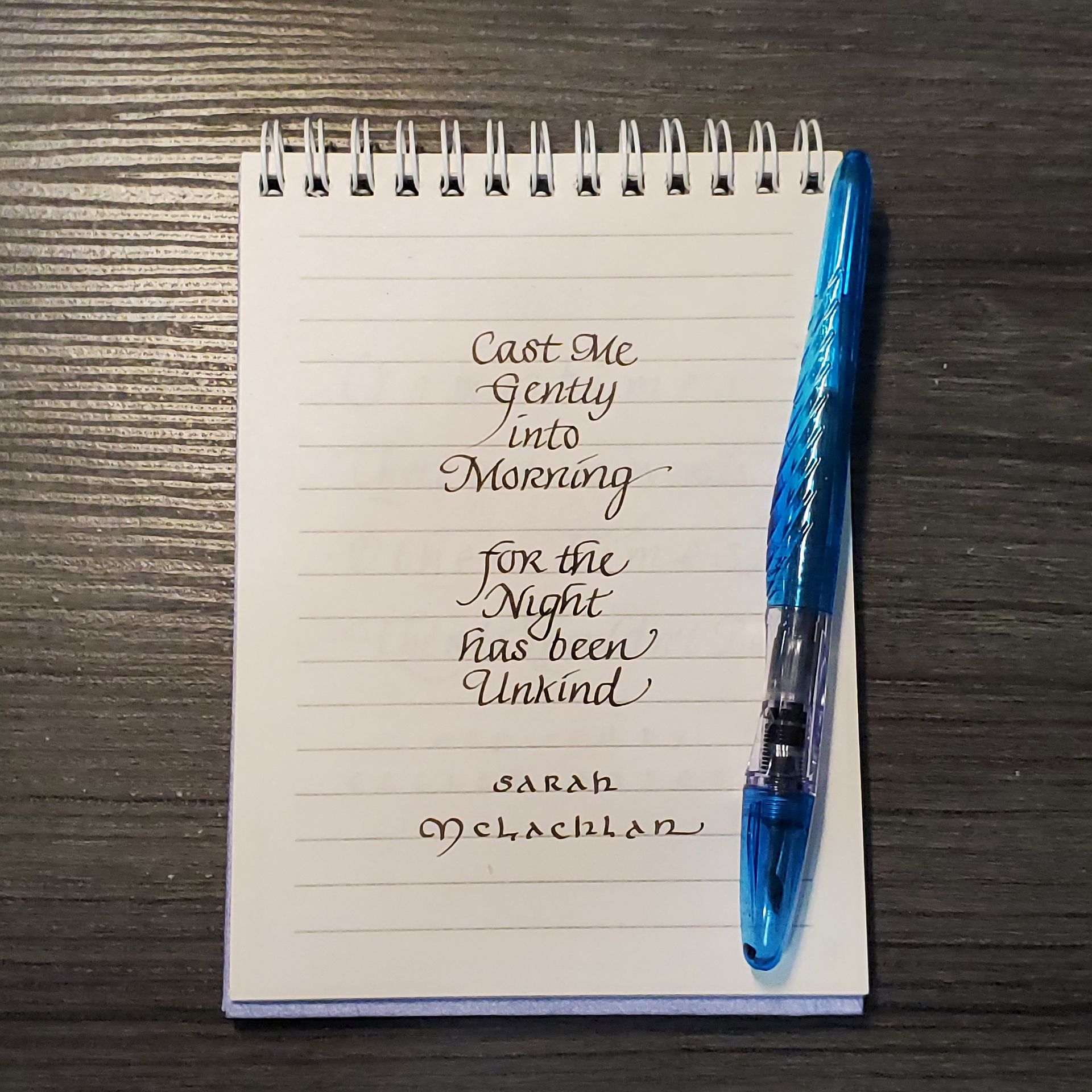 A notepad with the words cast me gently just morning written on it