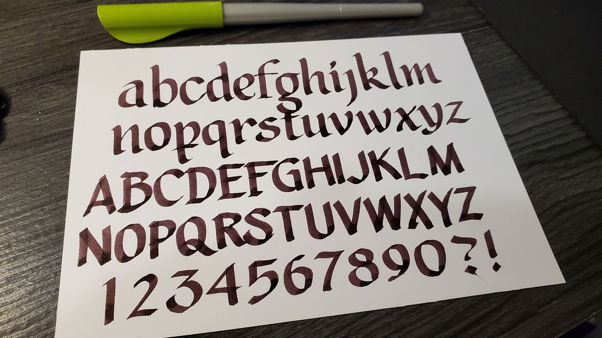 A piece of paper with the alphabet and numbers written on it