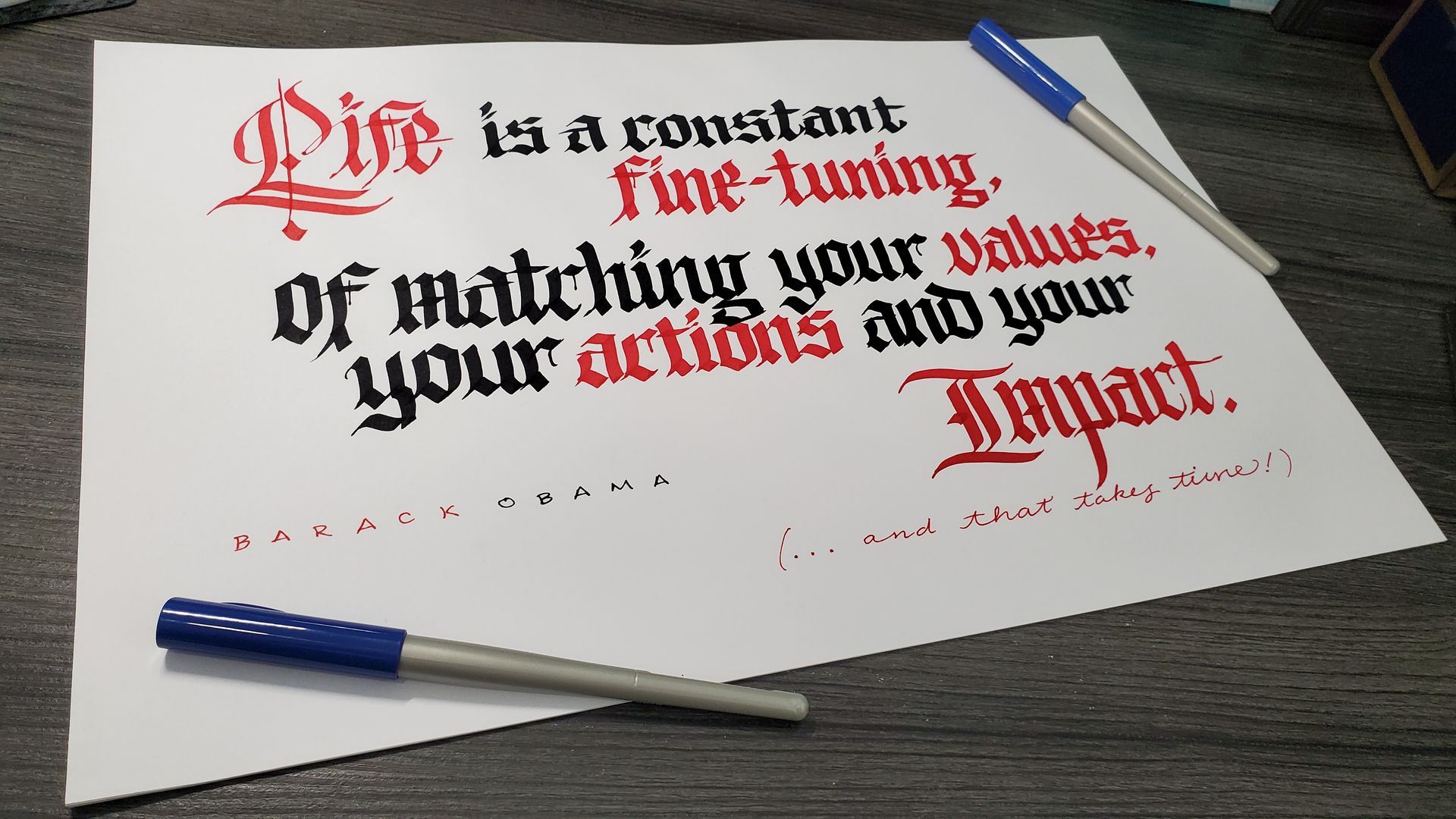 A piece of paper that says life is a constant fine-tuning of matching your values your actions and your impact