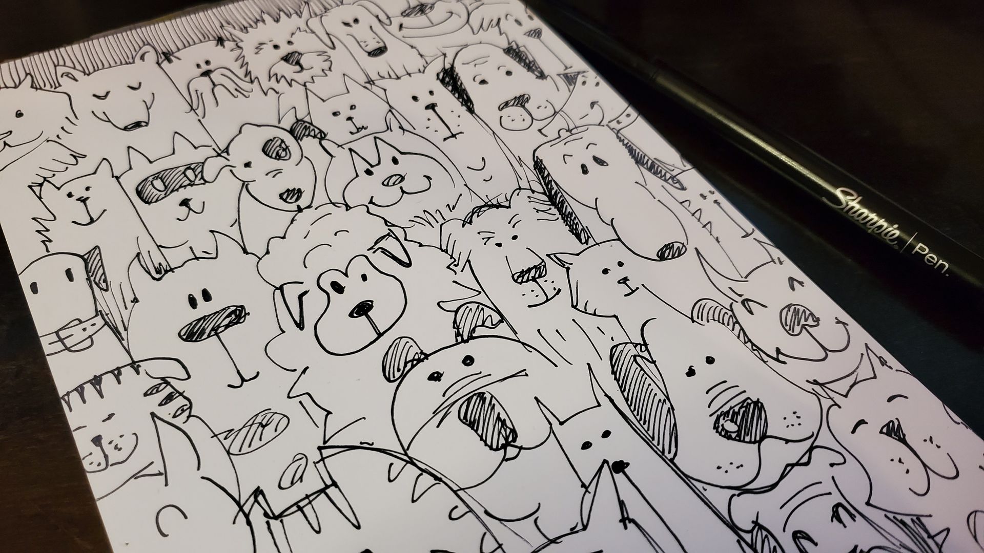 A black and white drawing of cats and dogs on a piece of paper