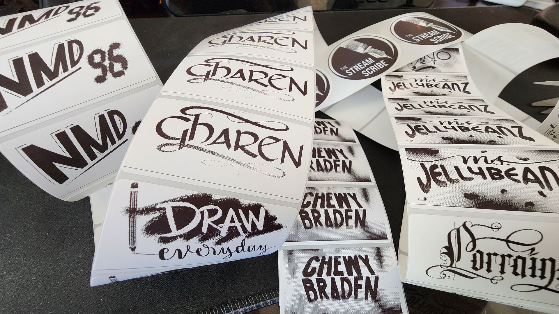 A bunch of stickers are stacked on top of each other