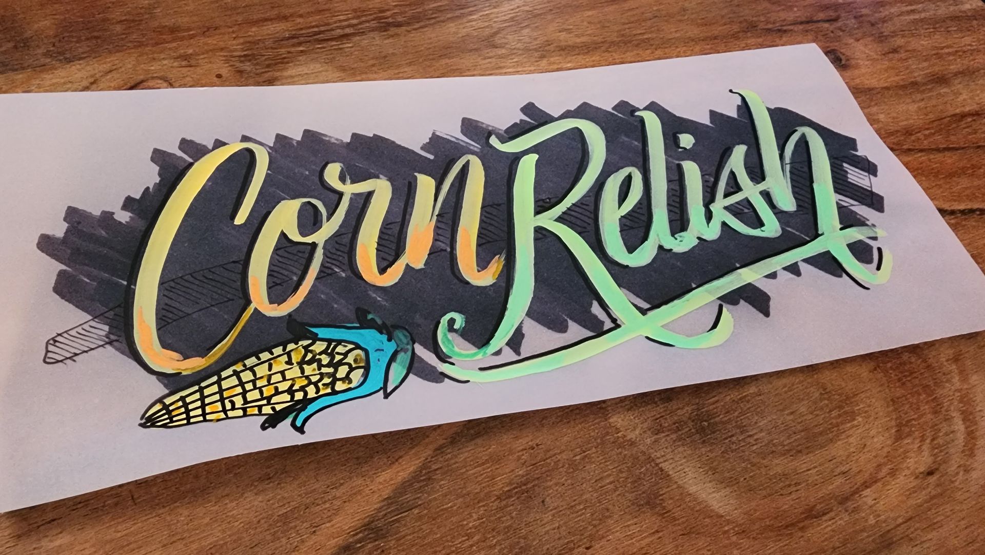 A piece of paper with the word corn relish on it