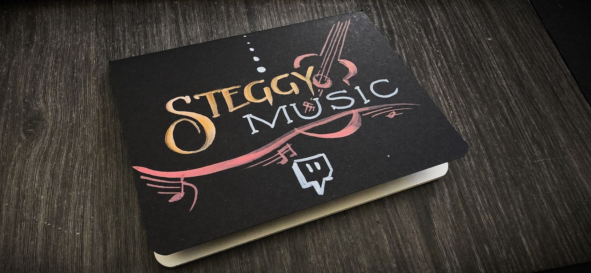 Acrylic chalk paint on matte black journal cover for Twitch user Steggy Music