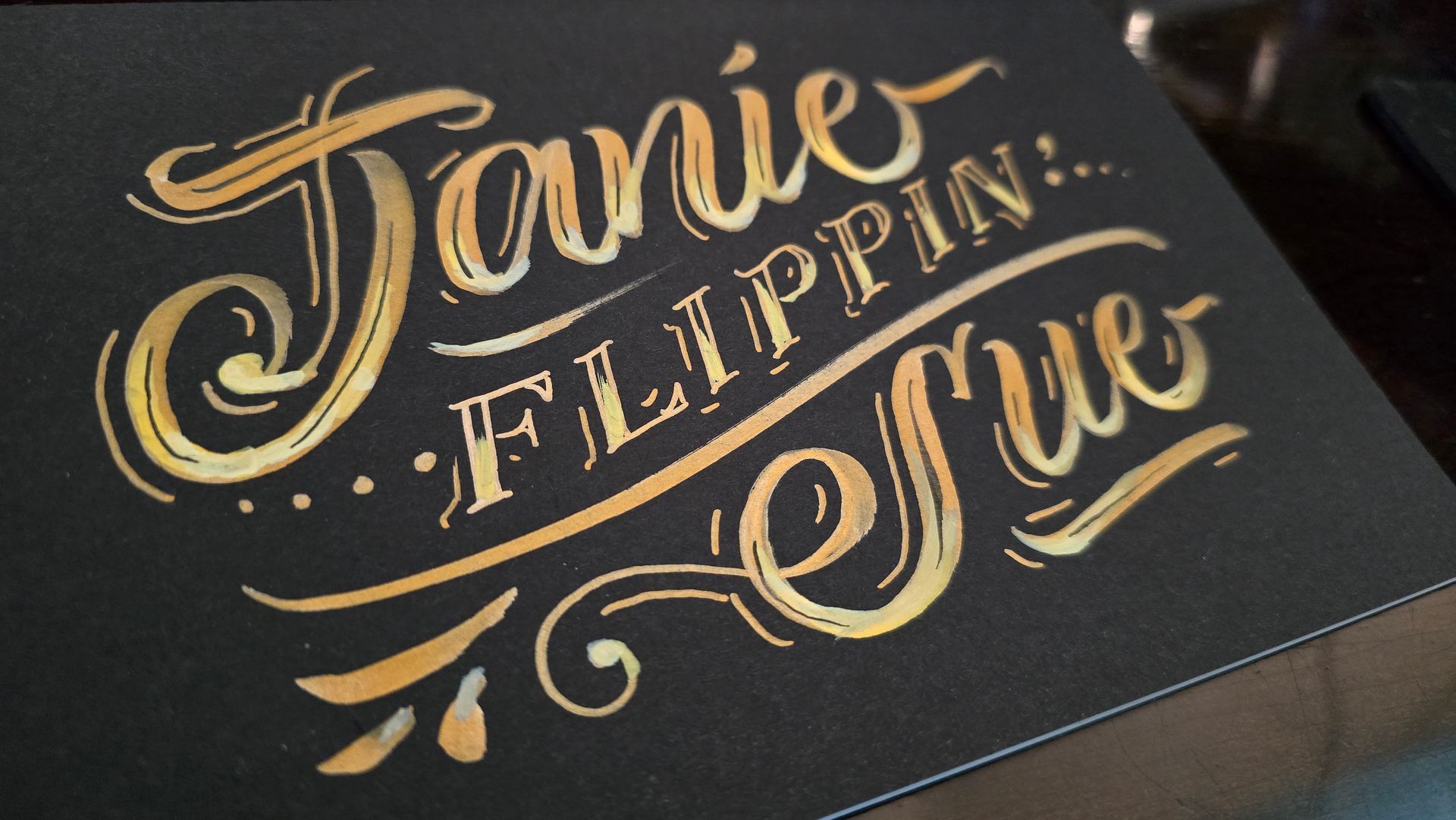 Acrylic chalk paint on matte black journal cover for Twitch user Janie Flippin' Sue