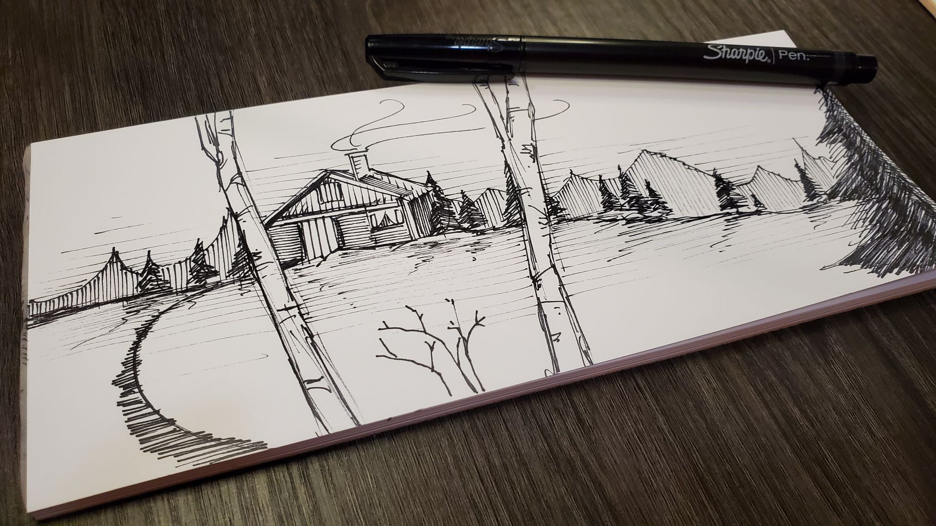 A pen is sitting on top of a piece of paper with a drawing on it.