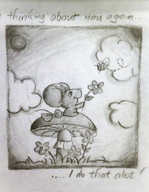 A drawing of a mouse on a mushroom with the words 