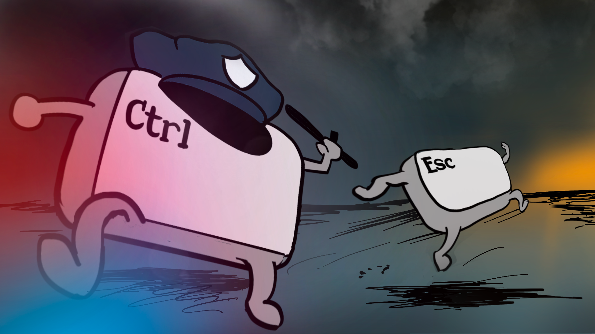 Re-creation of unknown artist's original work found on Pinterest: Keystone cops keyboard buttons - CTRL chasing ESC 