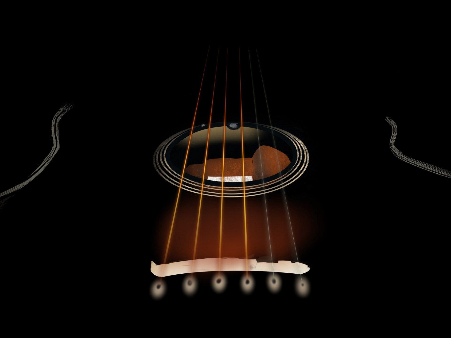 A close up of an acoustic guitar on a black background