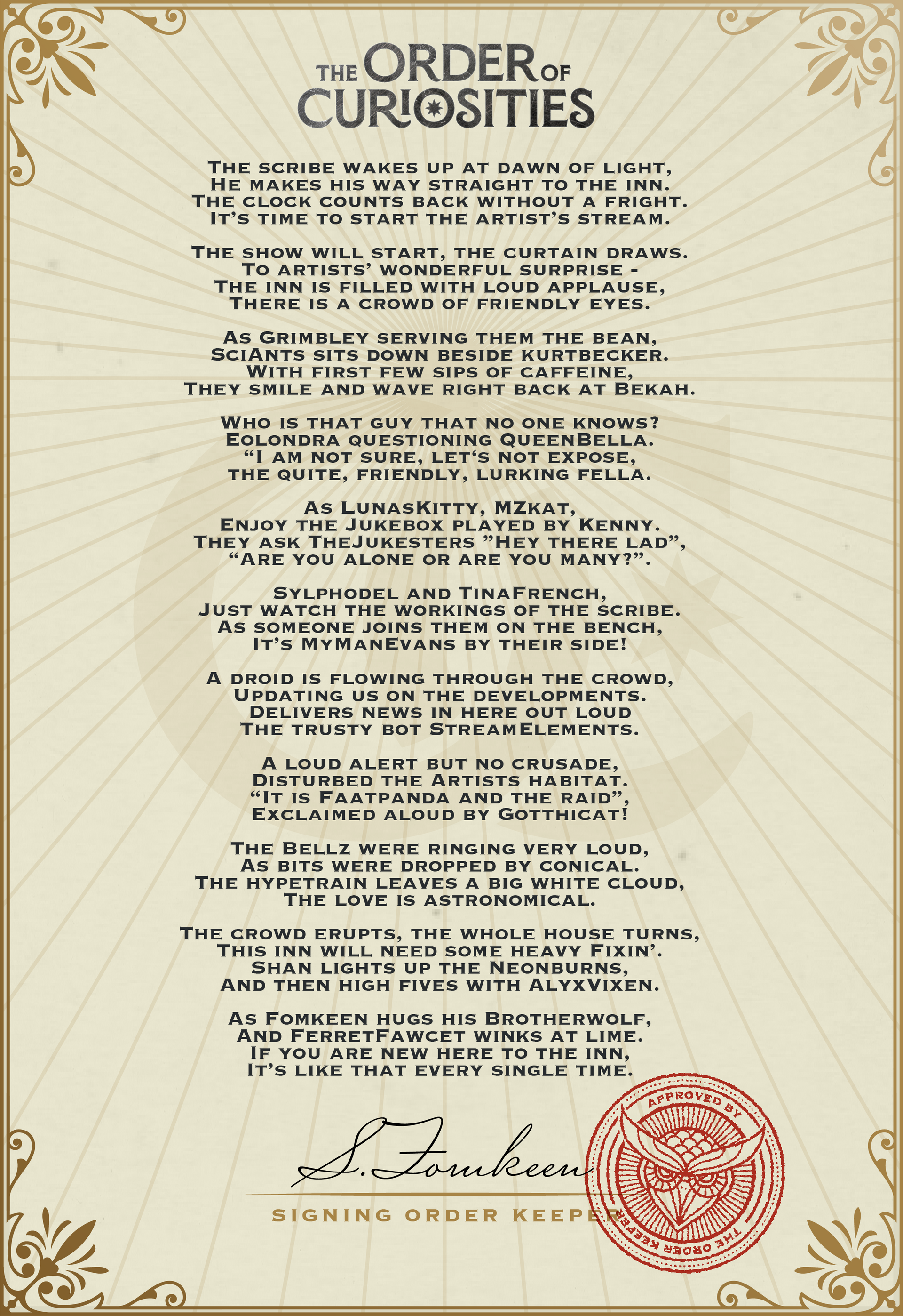 A paper that says the order of curiosities on it