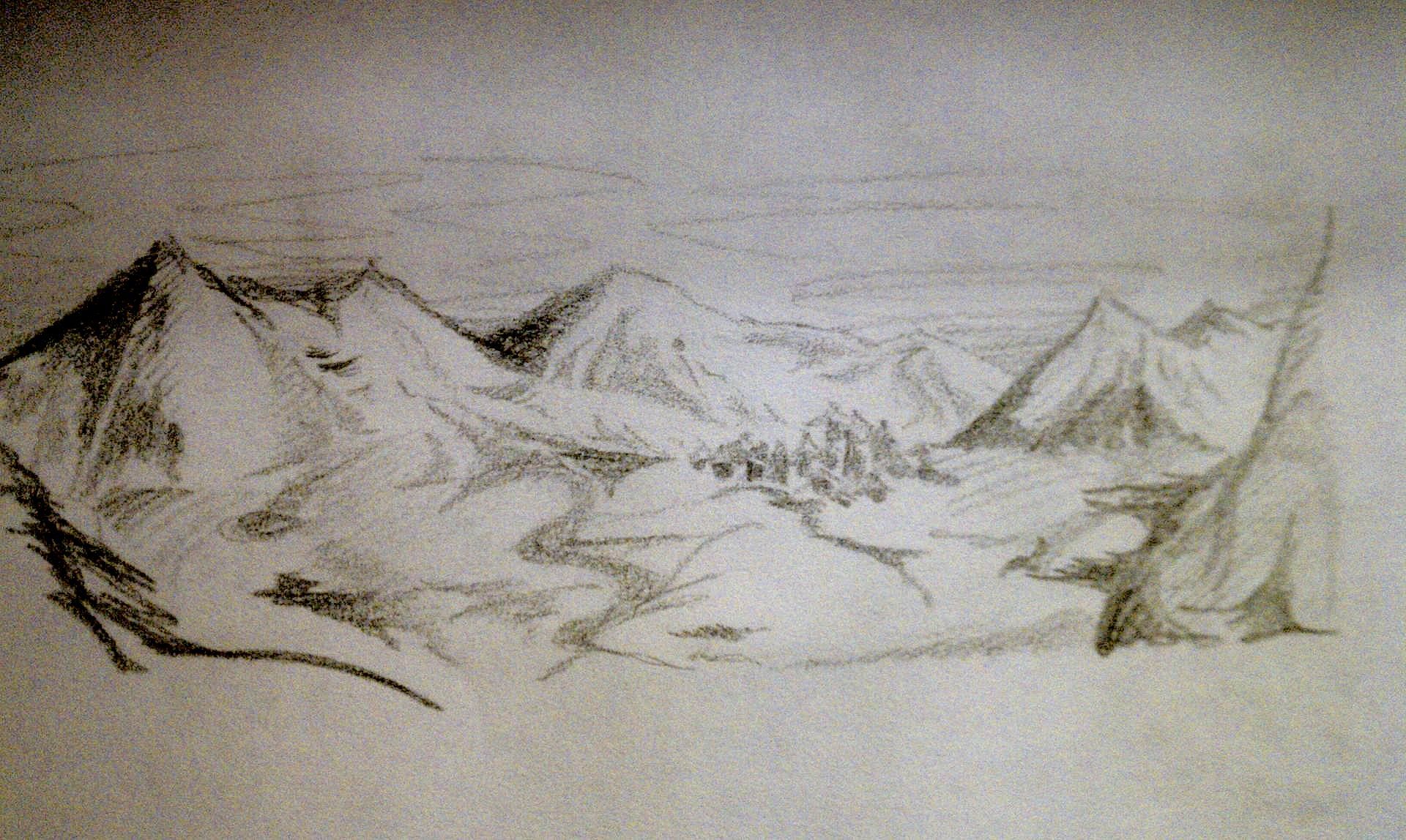 A black and white drawing of a mountain range