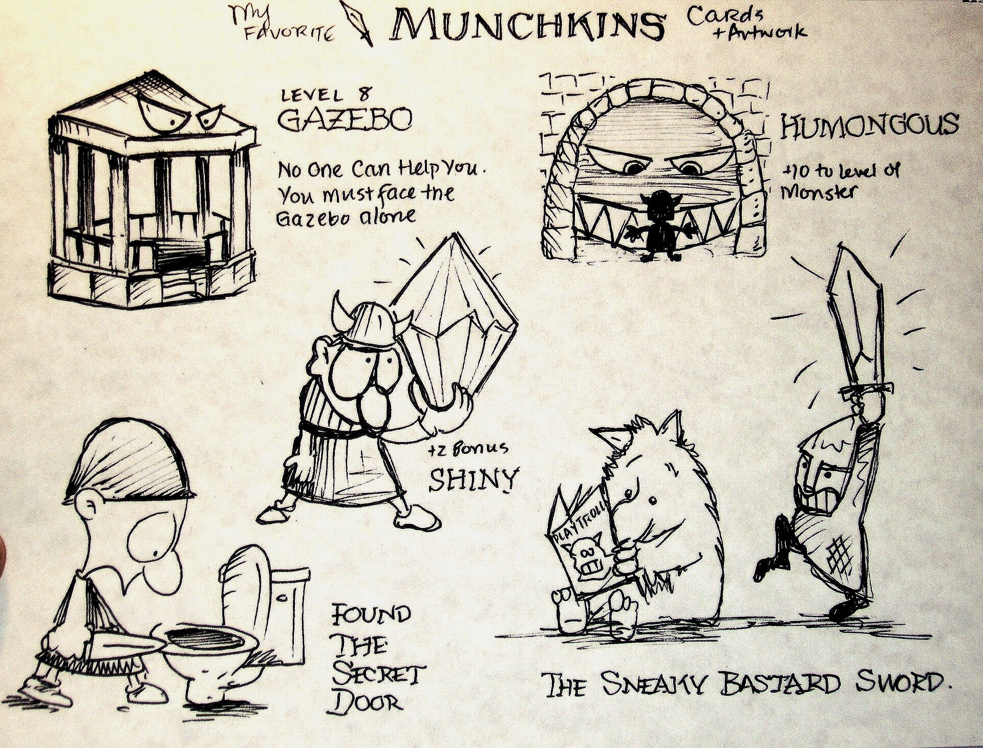 A black and white drawing of munchkins characters