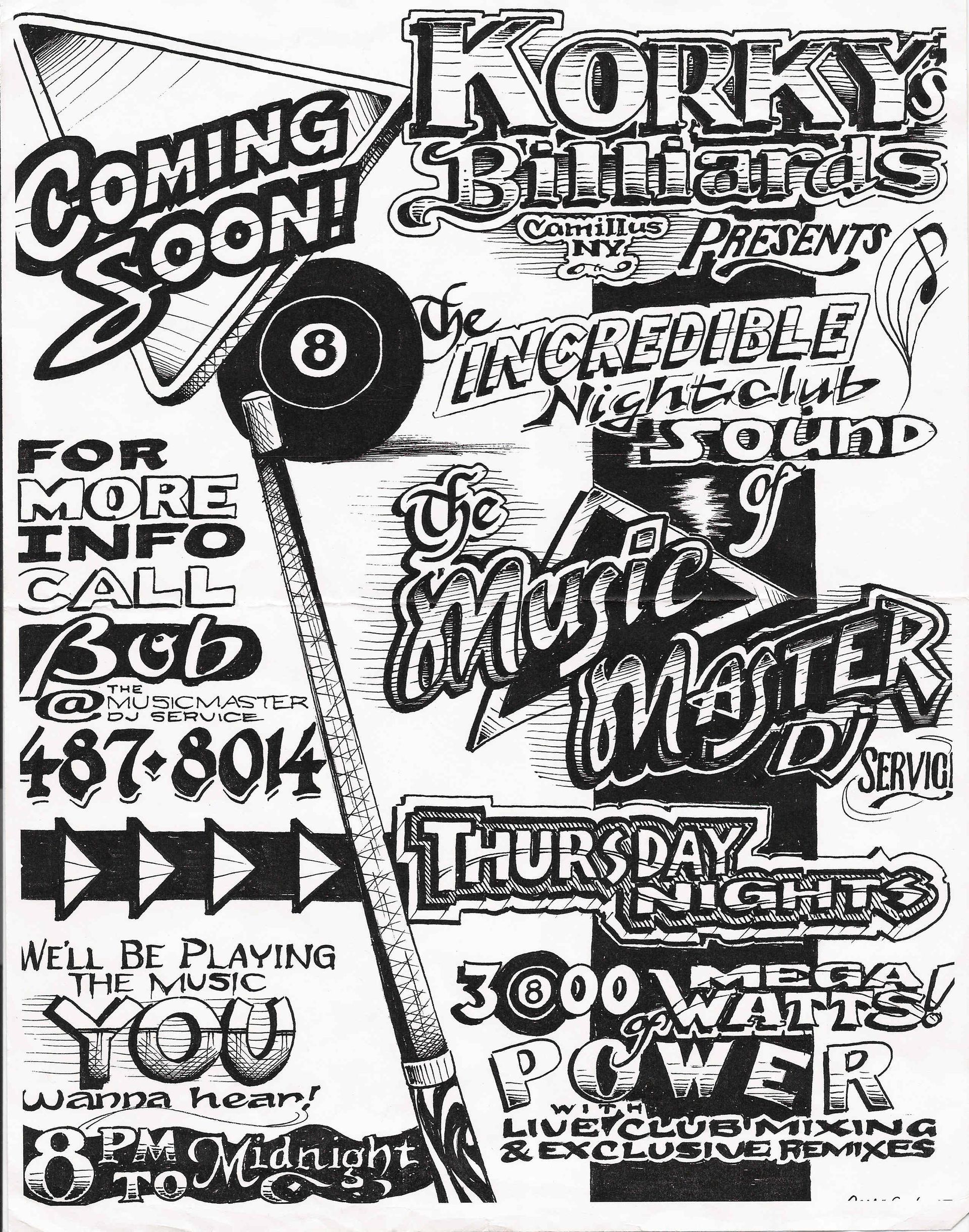 A black and white poster for a pool hall 